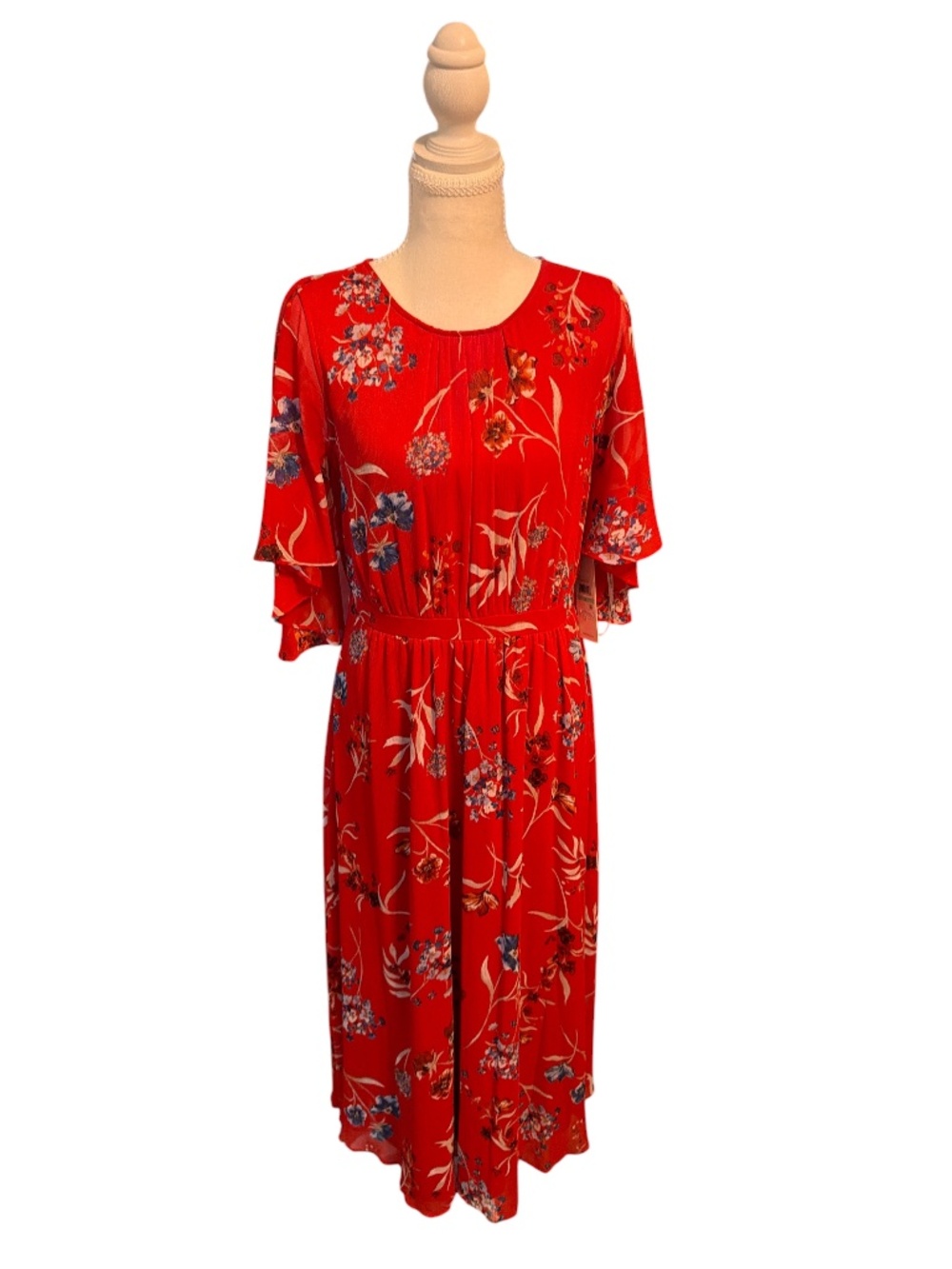 Calvin Klein Red Floral Midi Dress Size 8 Flutter Sleeve Elegant Occasion